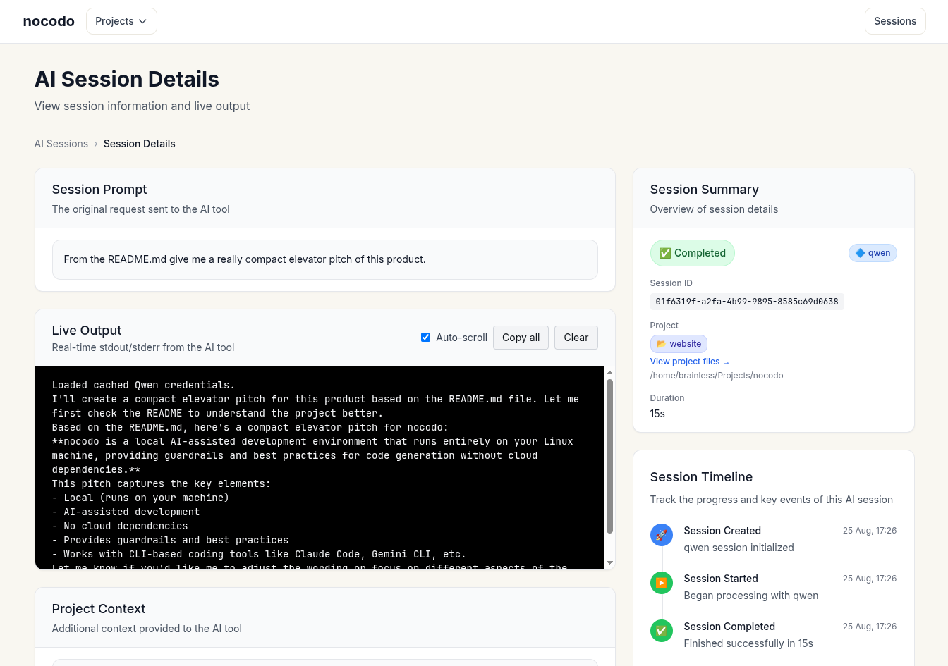 nocodo AI Session Details - Live output from AI coding session showing project analysis and development workflow