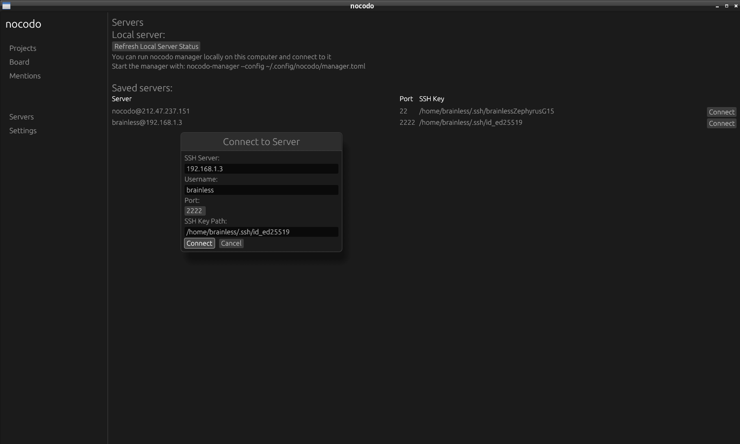 nocodo Desktop app, connecting to my other computer in LAN over SSH